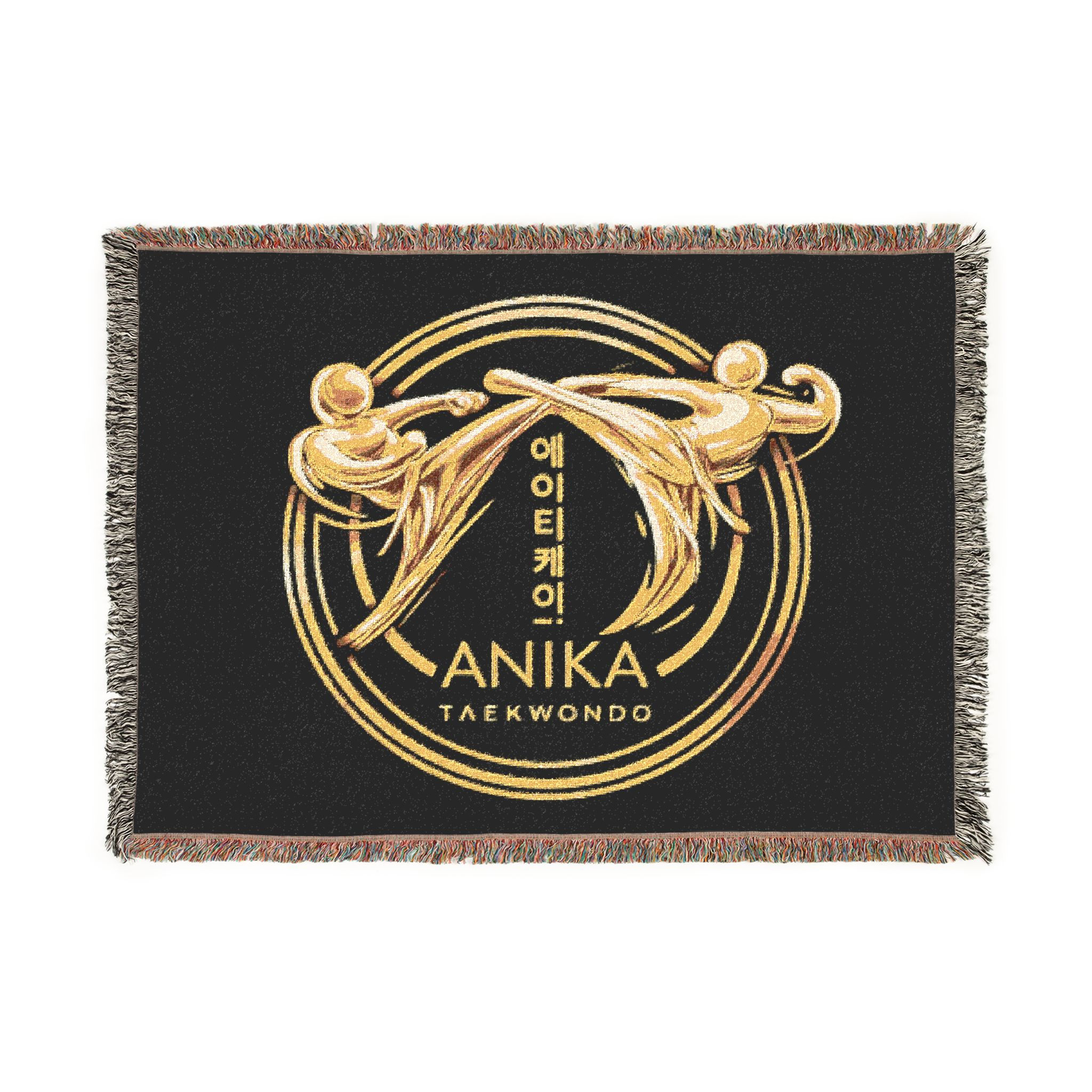 Black throw with gold Anika Tae Kwon Do logo