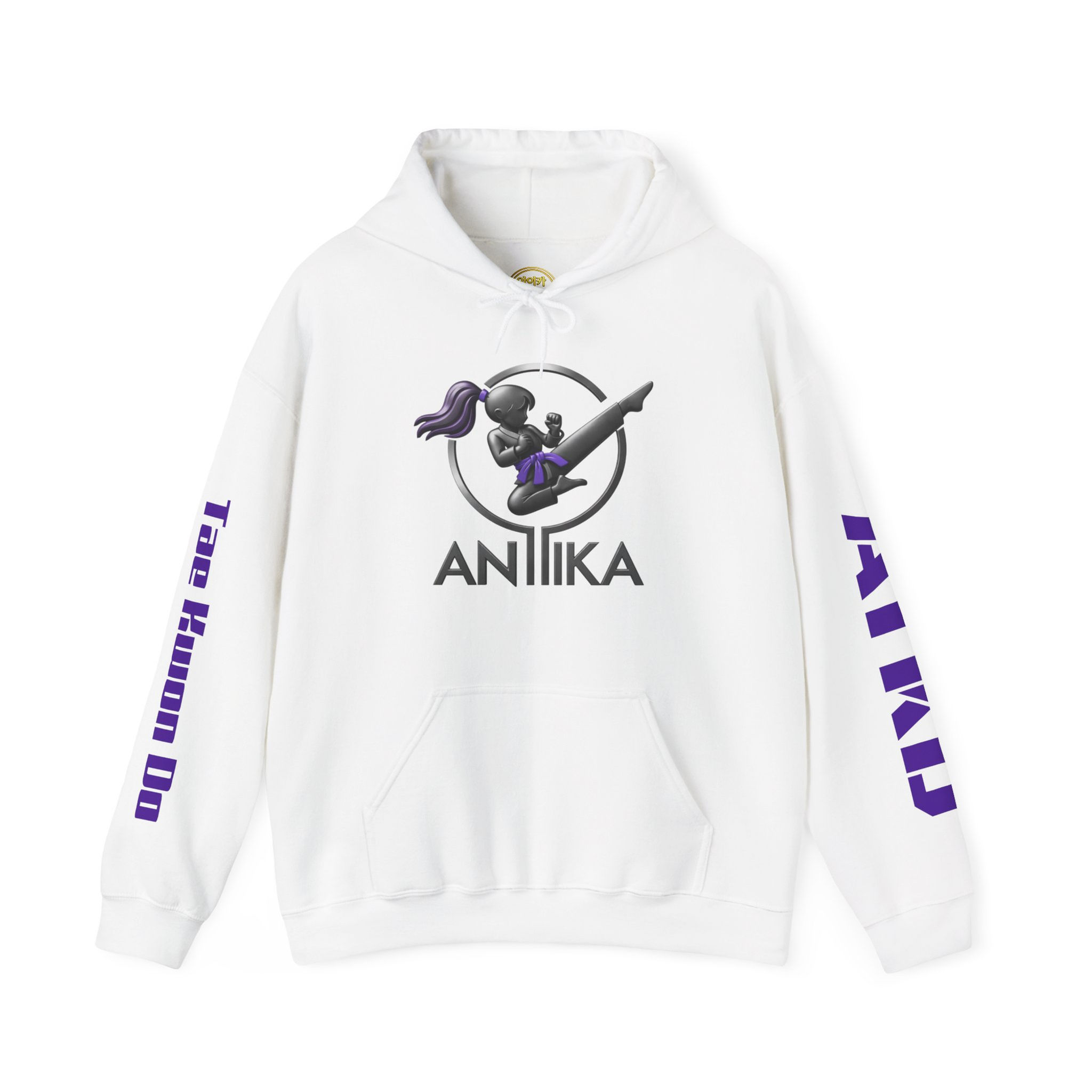 Anika white hoodie with Tae Kwon Do kick graphic and branding on sleeves