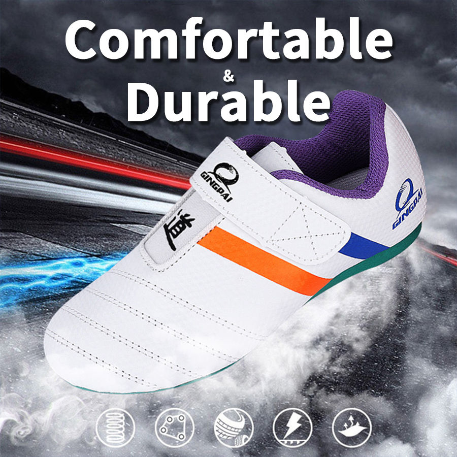 Miniature : White Taekwondo shoe, orange stripe, blue accent, purple trim. Text: Comfortable & Durable.