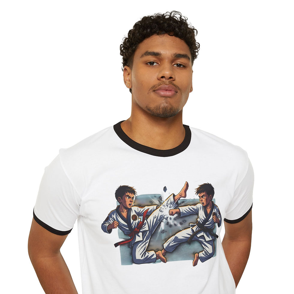 Thumbnail: Man wearing Anika Tae Kwon Do kick ringer tee