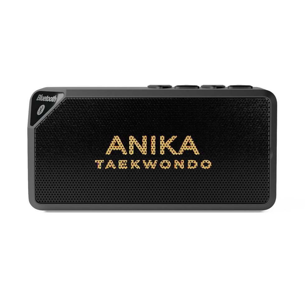 Black Bluetooth speaker with Anika Taekwondo logo