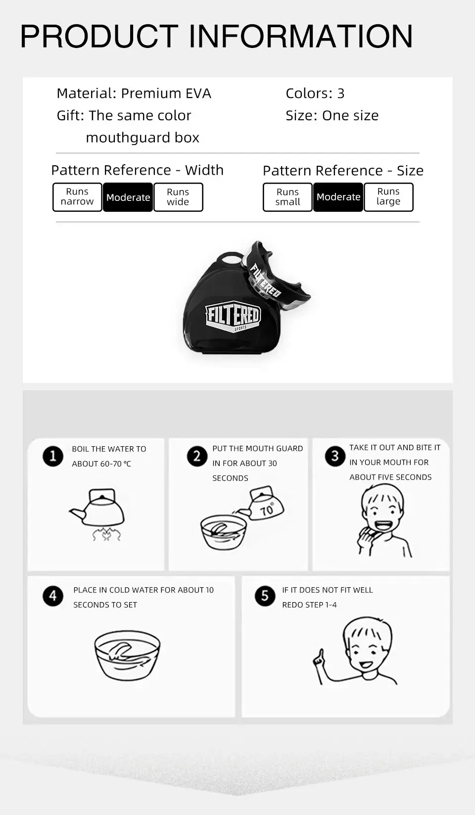 Miniature : Instructions for fitting a mouthguard, with pattern size guide.