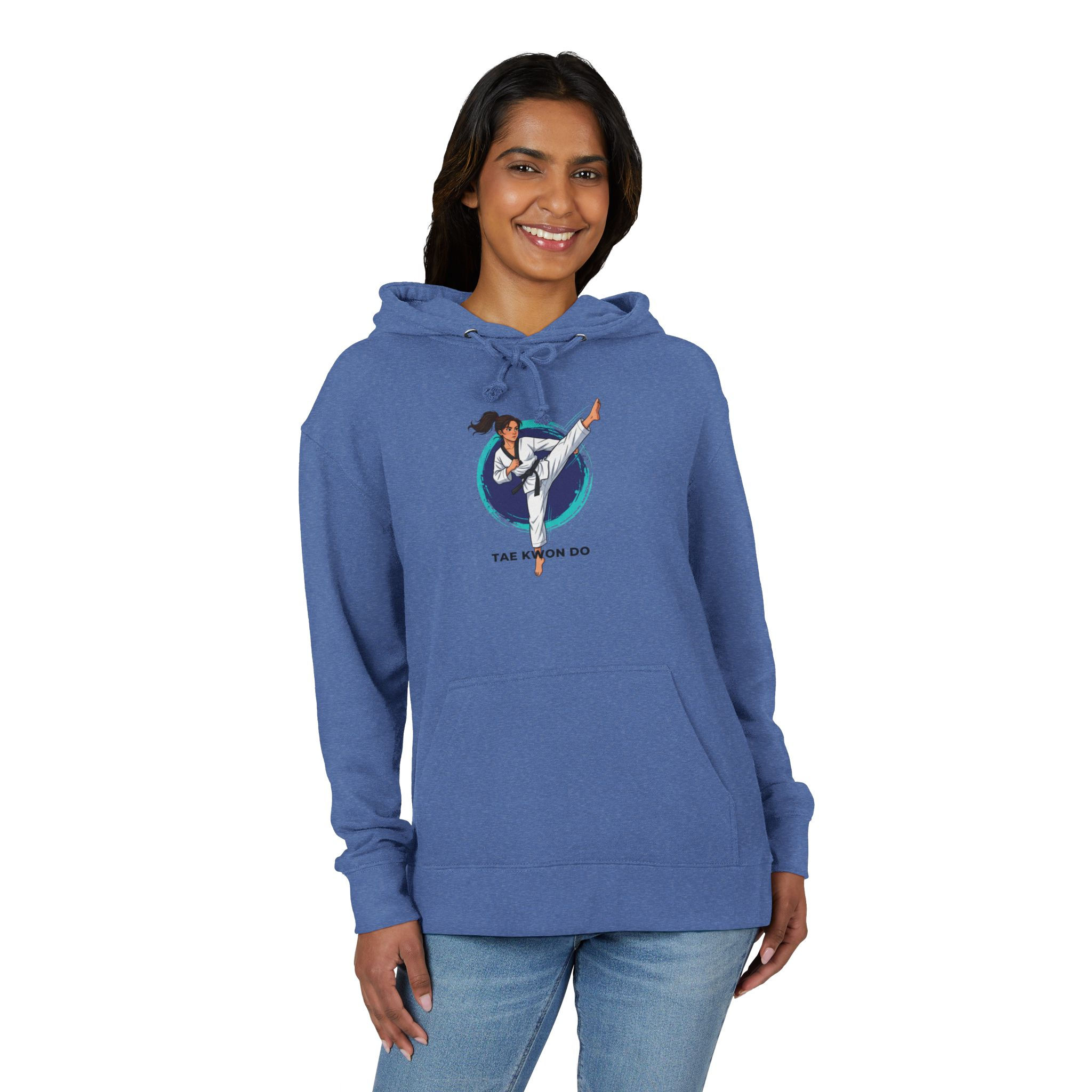 Woman in blue hoodie with Taekwondo kick graphic