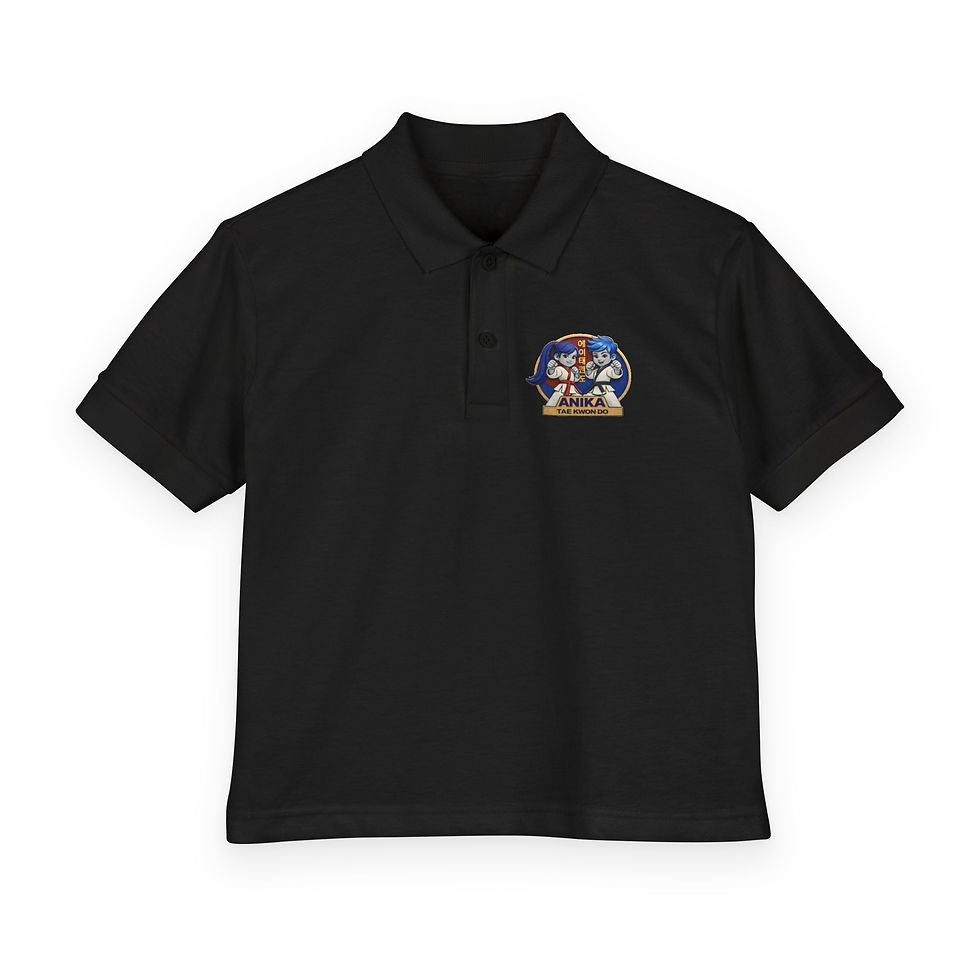 Thumbnail: Black polo shirt with a colorful feline logo