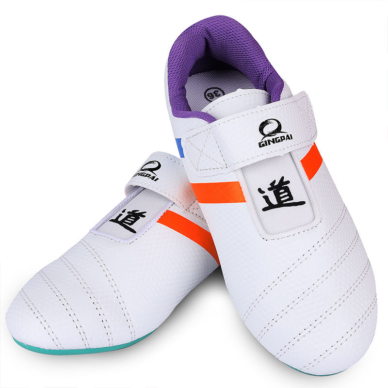 Miniature : White Sunsai Taekwondo shoes with orange stripes, 道 character