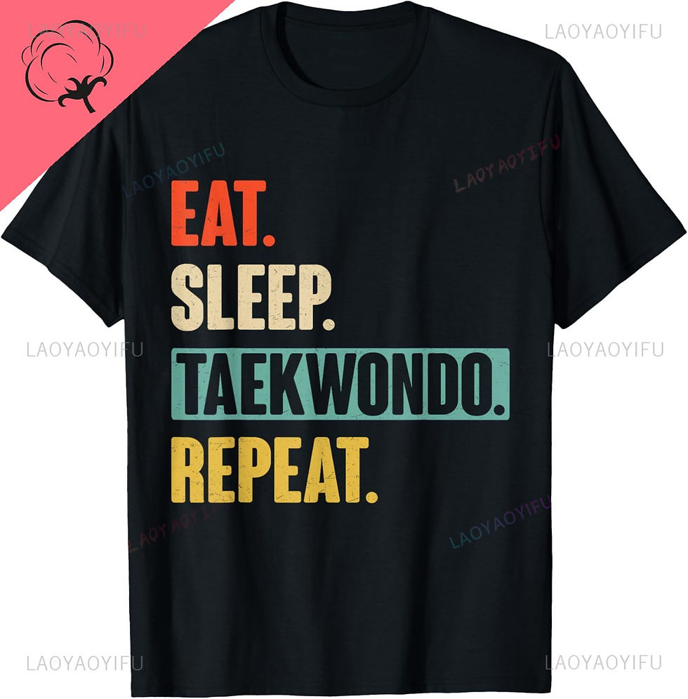 Thumbnail: Black t-shirt with 'Eat Sleep Taekwondo Repeat' text