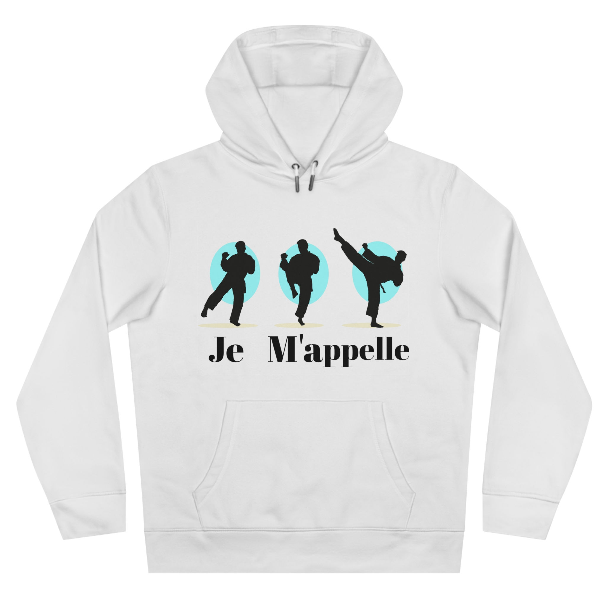 White hoodie with black martial arts figures and 'Je M'appelle'