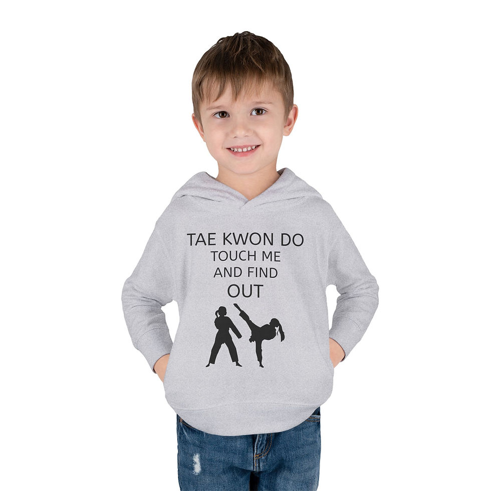 Thumbnail: Boy in gray Taekwondo hoodie with martial arts figures