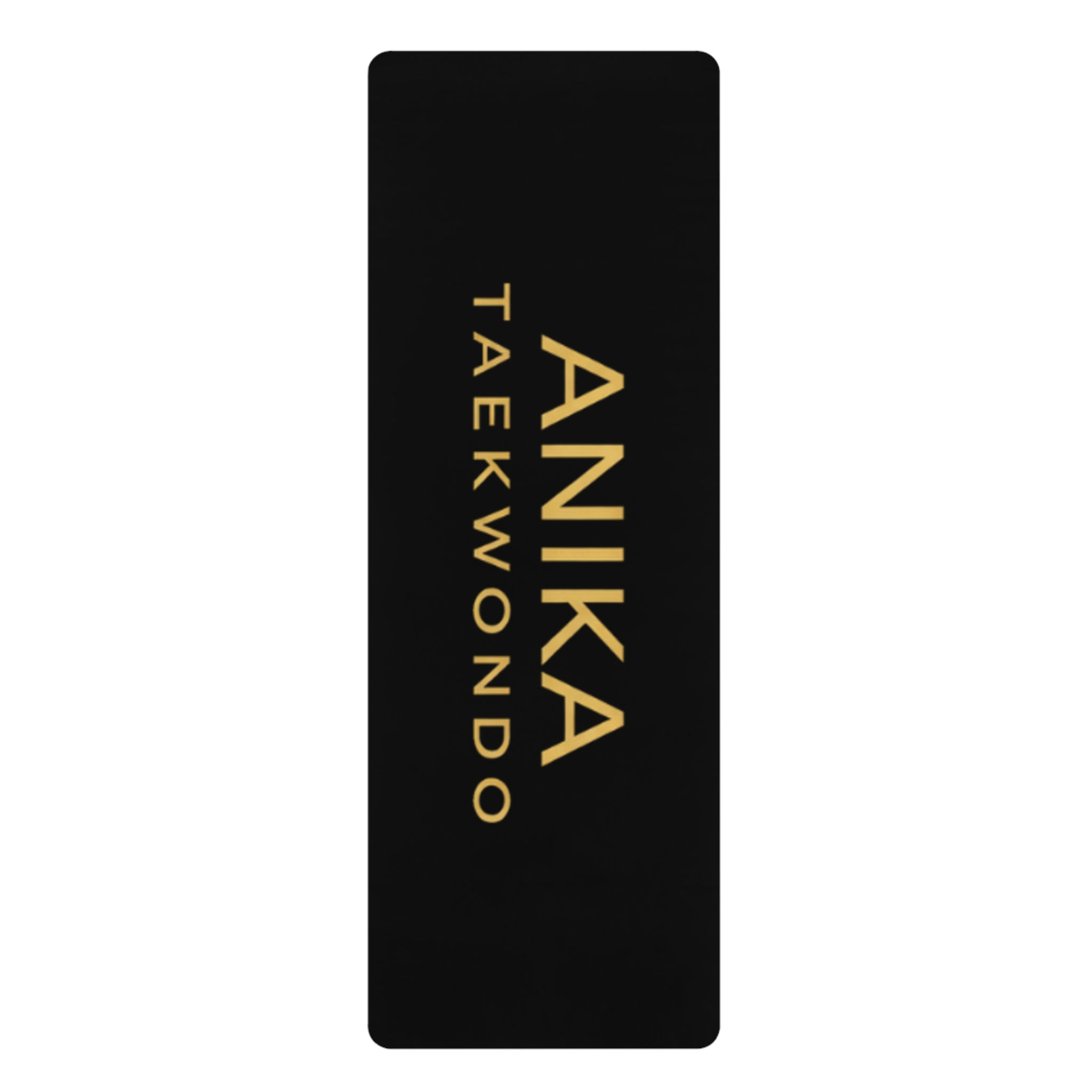 Black Anika Taekwondo mat with gold text