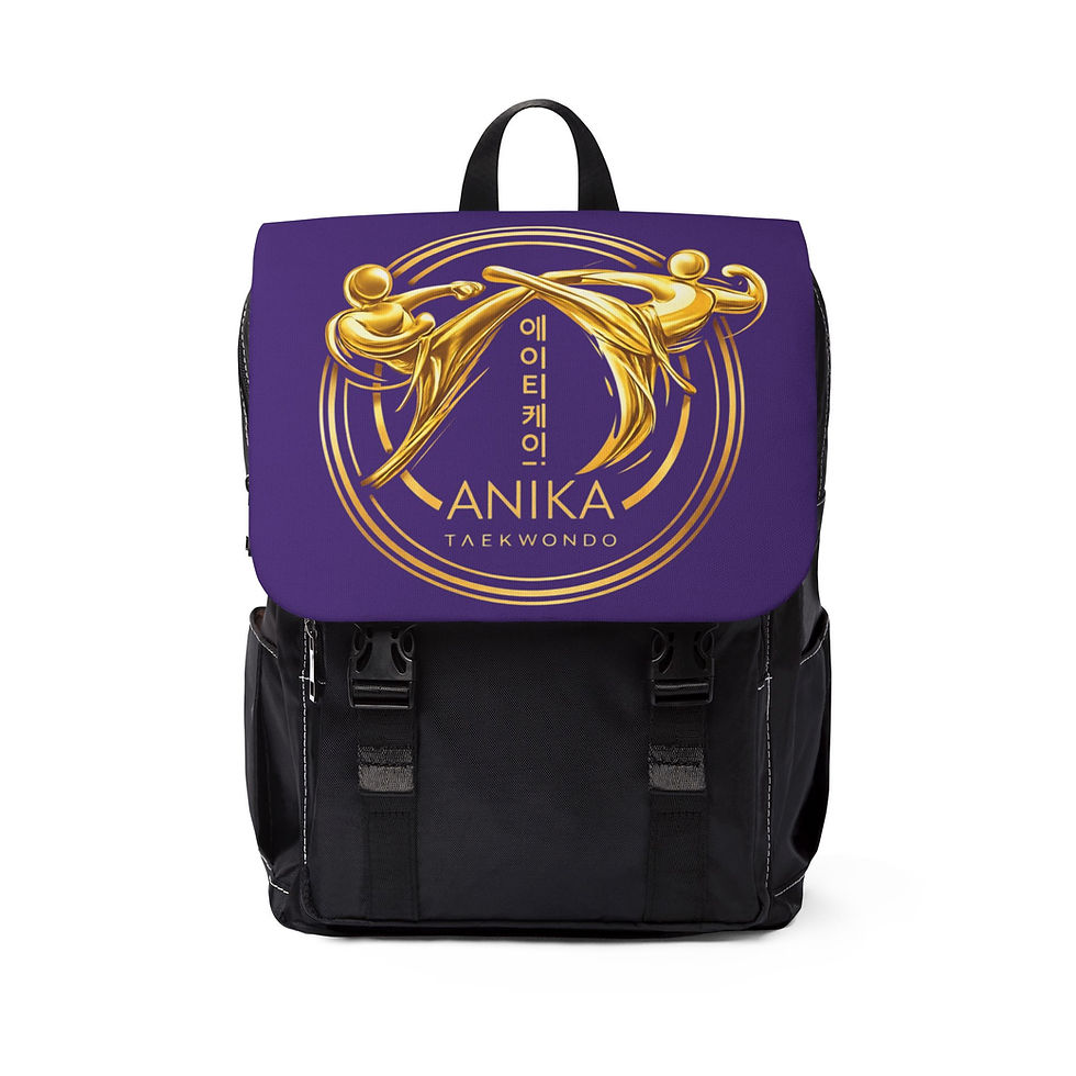 Black backpack with purple flap and gold Anika Taekwondo logo