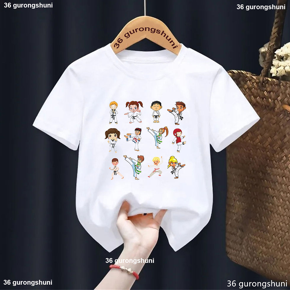 Miniature : White kids' t-shirt with cartoon martial arts figures