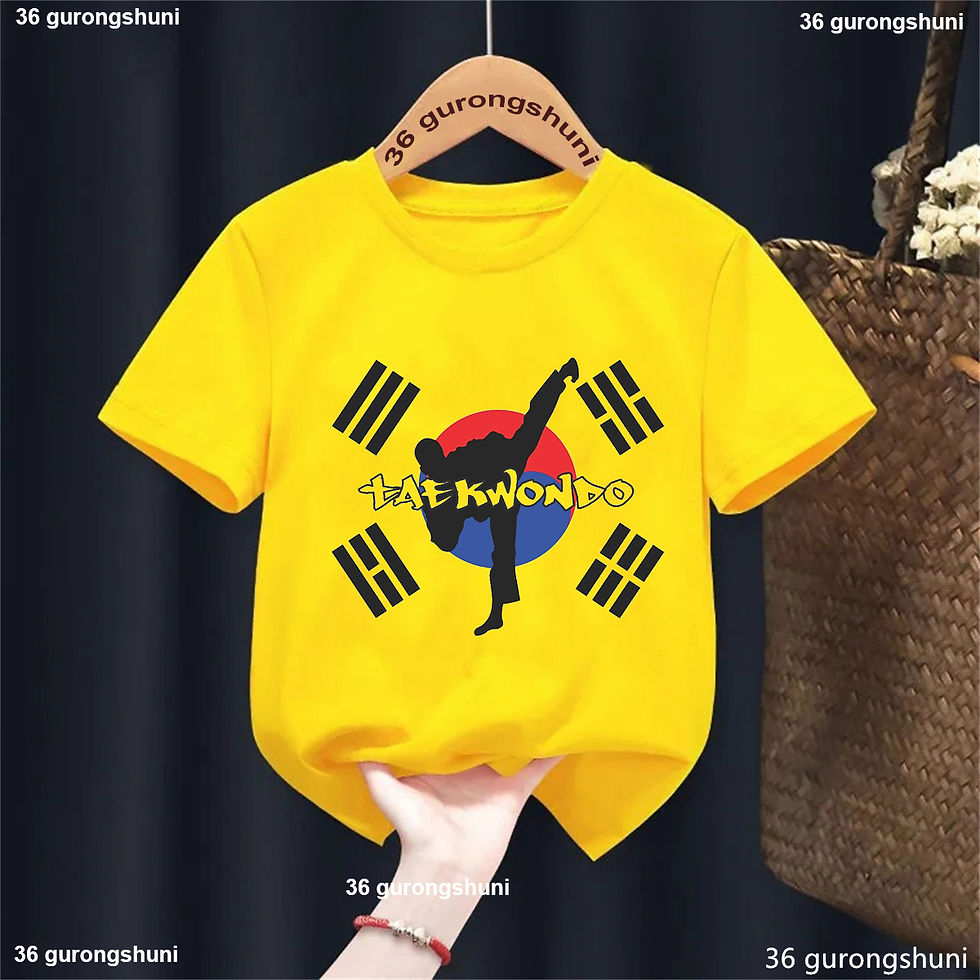Thumbnail: Yellow t-shirt with Taekwondo design, Korean flag, kick silhouette, and 'TAEKWONDO' text