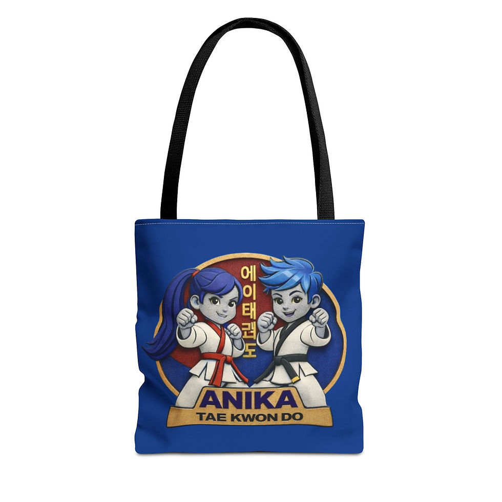 Blue tote bag with Anika Tae Kwon Do cartoon of two Taekwondo kids
