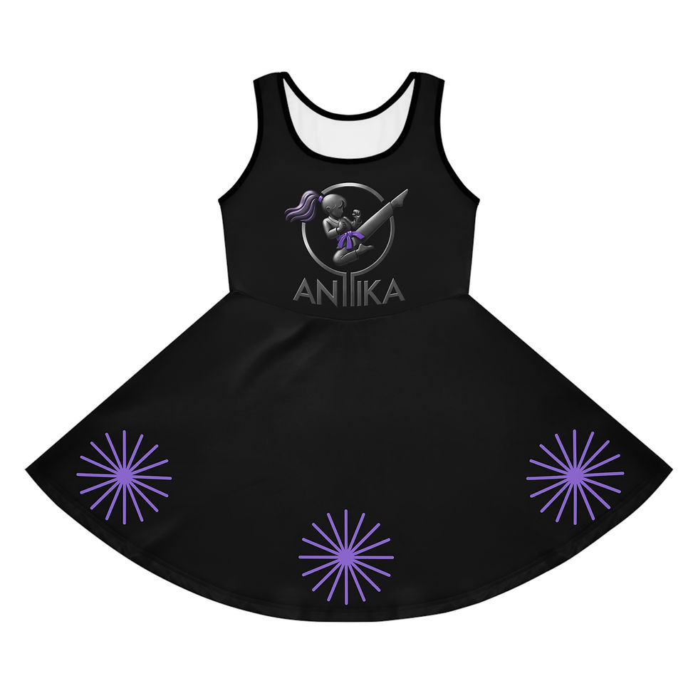 Black Anika Taekwondo dress with purple star patterns