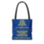 Blue tote bag with text: I AM KIND, I AM BRAVE, I AM PROUD, I AM LEARNING, I AM RESPECTFUL, & I WILL ALWAYS DO MY BEST. Also includes French text.