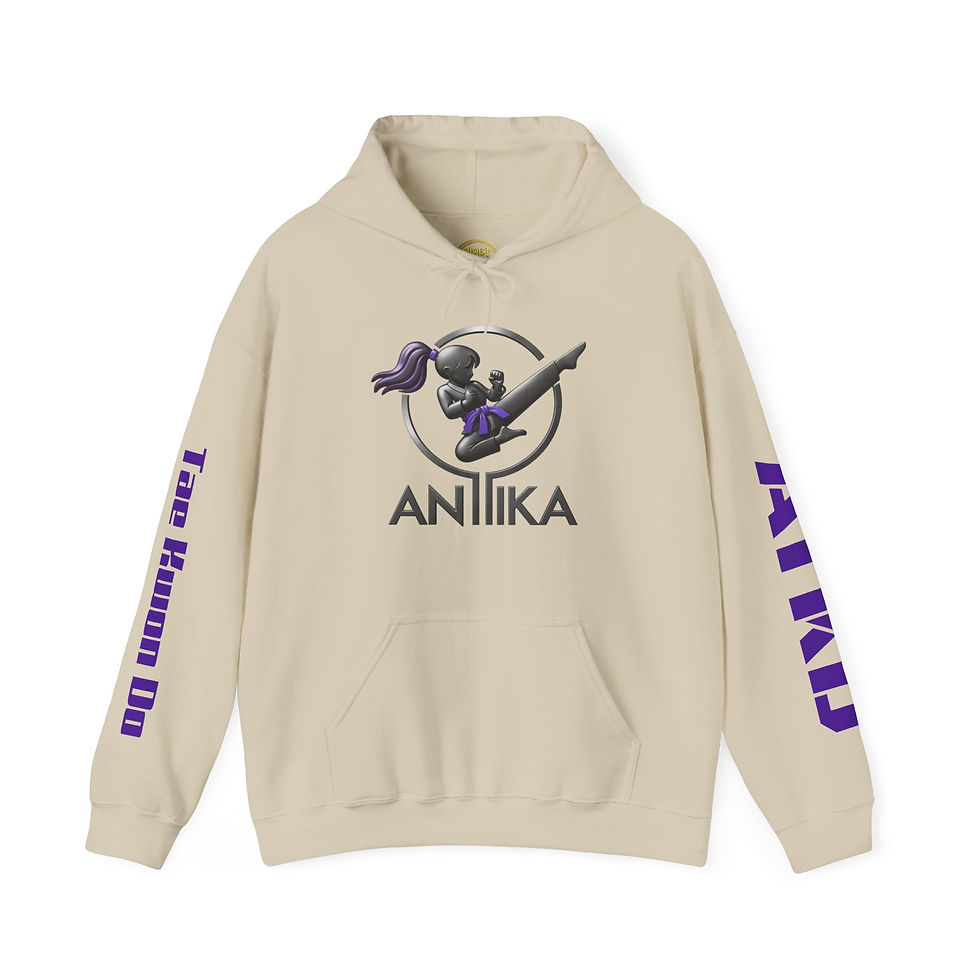 Thumbnail: Beige Anika hoodie with martial arts kick graphic, Tae Kwon Do on sleeve