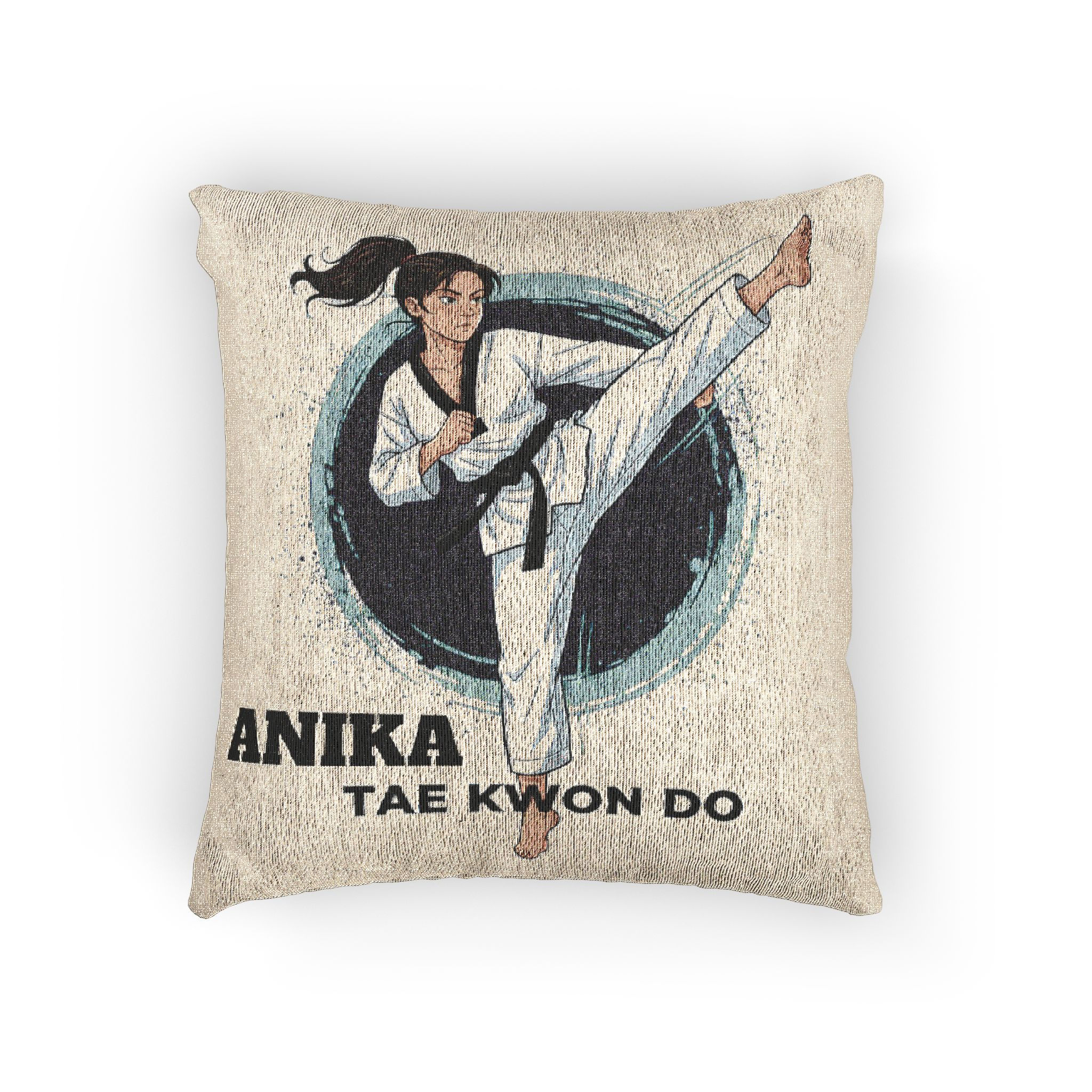 Pillow with female Taekwondo kick design and "ANIKA TAE KWON DO" text