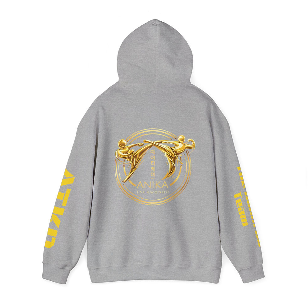 Thumbnail: Grey hoodie, gold Taekwondo crest, 'AZKO TAEKWONDO' on sleeves