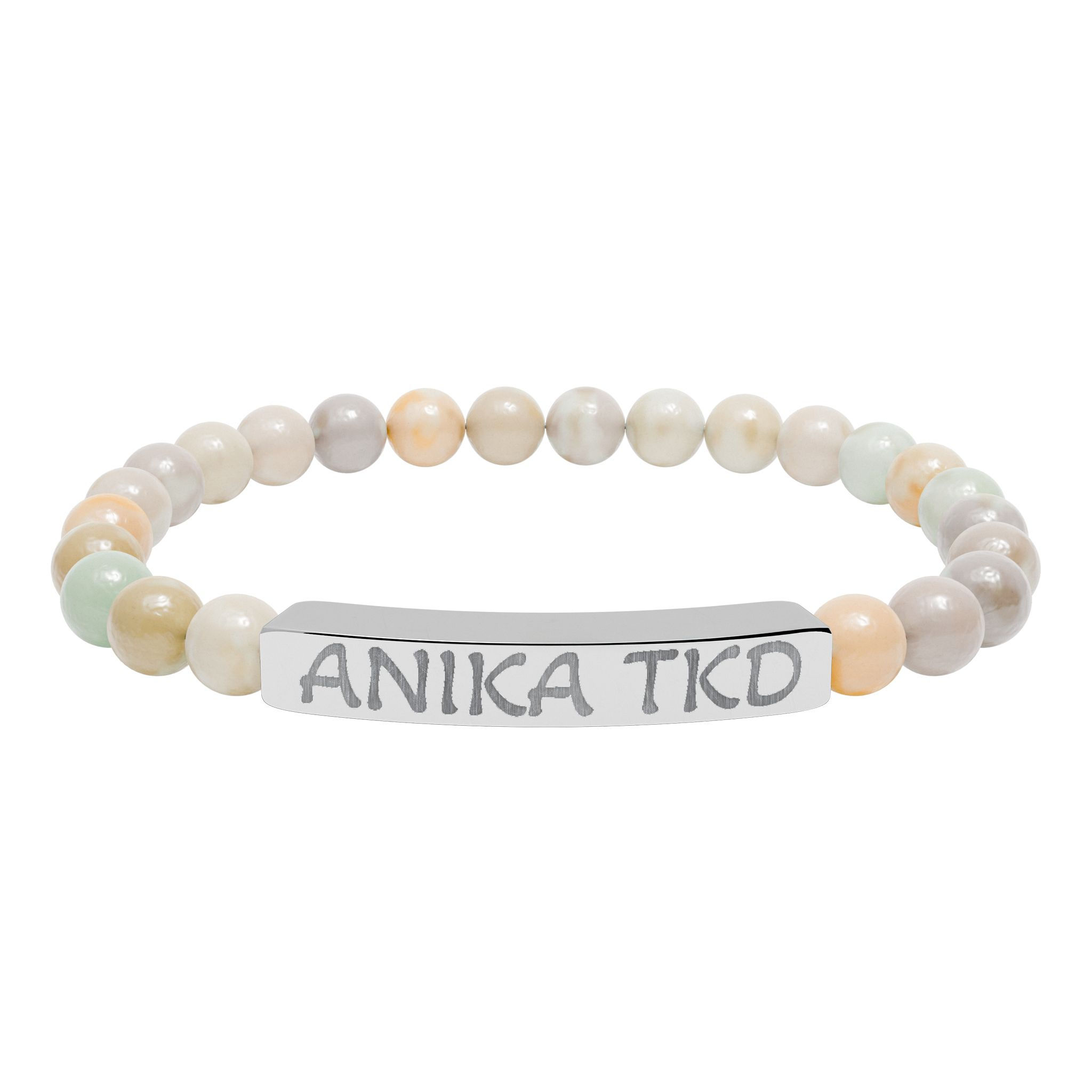 Beaded bracelet with 'ANIKA TKD' on silver bar