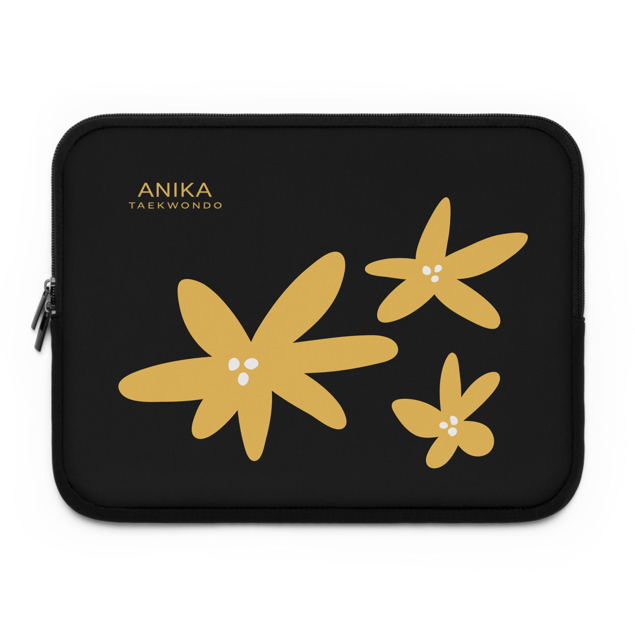 Black sleeve with yellow flowers, 'ANIKA TAEKWONDO'