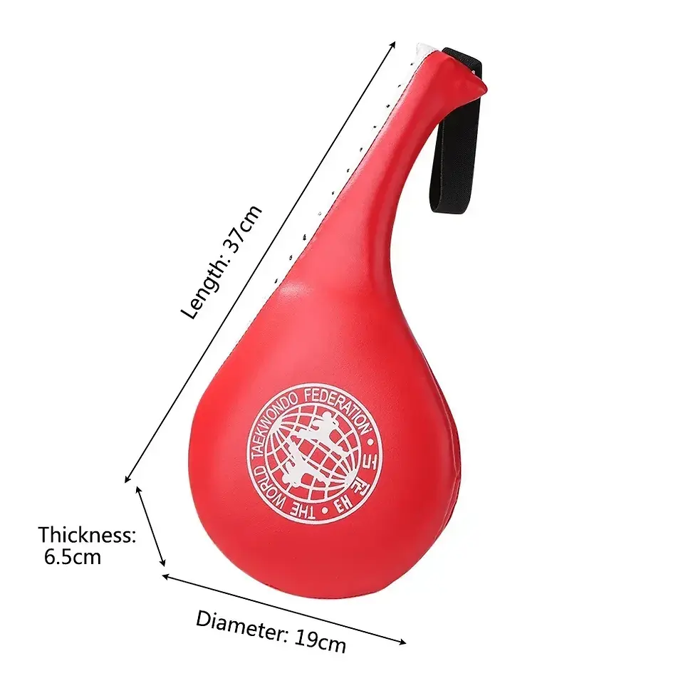 Miniature : Red martial arts kicking target with dimensions: 37cm length, 19cm diameter, 6.5cm thickness