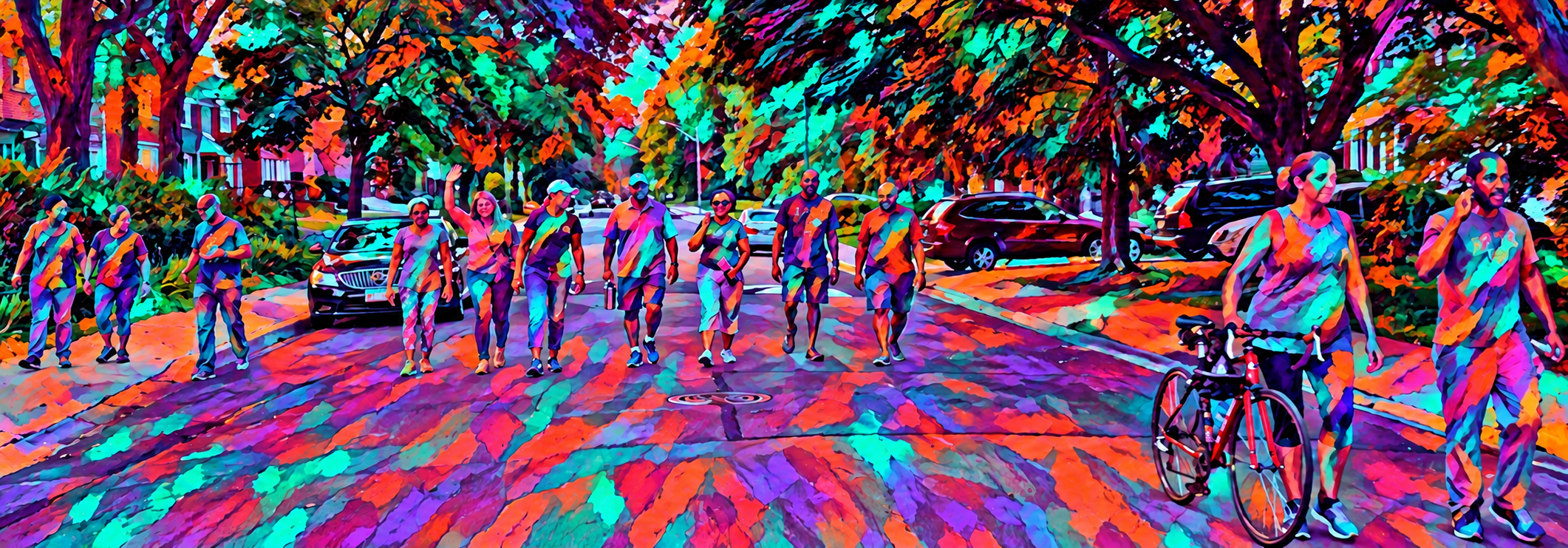 Colorful painterly artwork of South Shore neighbors walking together, with vivid purple, teal and orange across their full figures