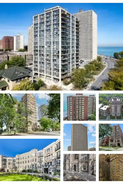 Collage of South Shore condominium buildings beside Lake Michigan and along neighborhood streets