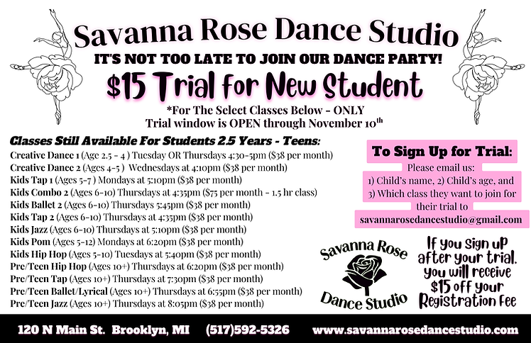 New Student Trial for Dance Classes Ages 2.5 and up teens preteens kids