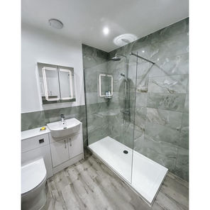 grey bathroom with white