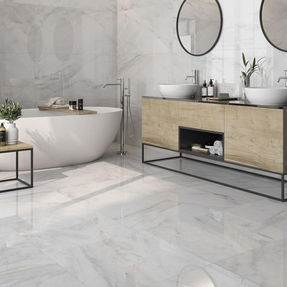White bathroom tiling with marble effect