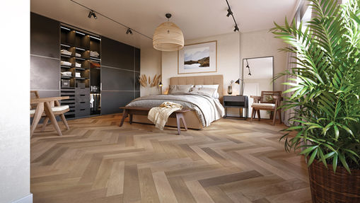 Parguet flooring in modern bedroom