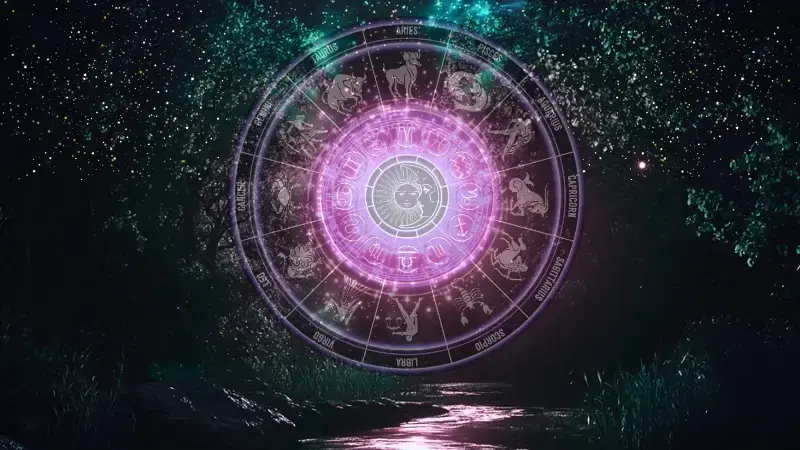 Astrological circle with the sun and the moon in a forest