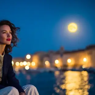 woman in the harbor in the moonlight
