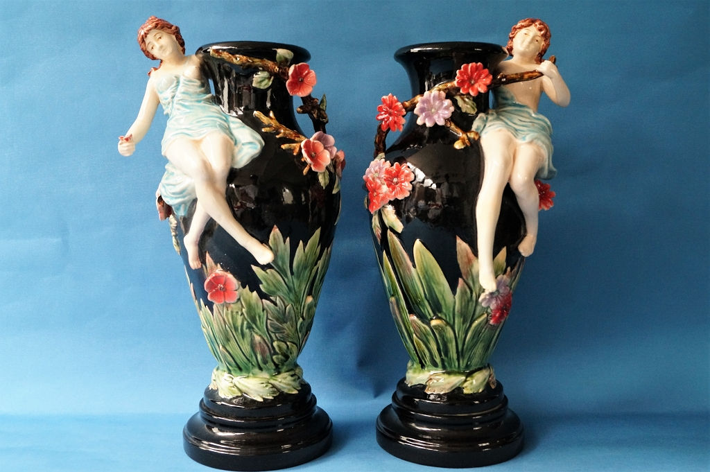 ORIGINAL JUGENDSTIL! Seltenes Bernhard Bloch Vasen-Paar mit Nymphen