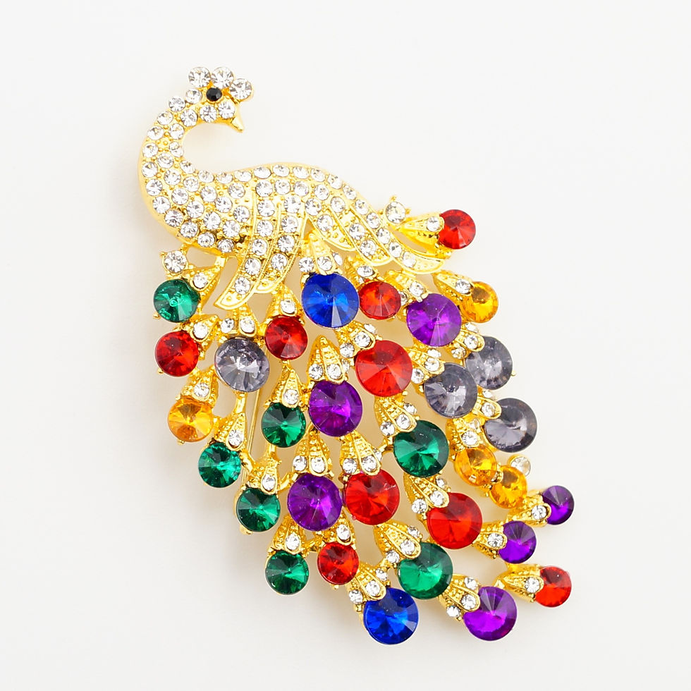 Pfau mit bunten, geschliffenen Strass-Steinen - Brosche und Kettenanhänger