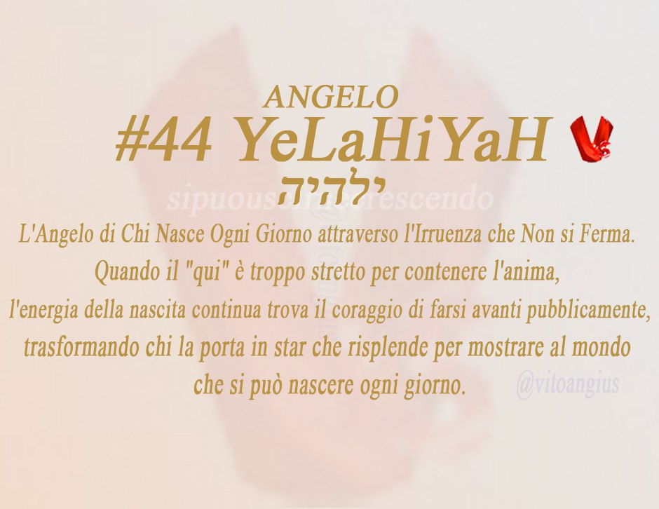 Copertina angelo 44 yelahiyah, sfondo rosa scritta oro, L'Angelo di Chi Nasce Ogni Giorno attraverso l'Irruenza che Non si Ferma. Quando il "qui" si sente troppo stretto per contenere l'anima, l'energia della nascita continua trova il coraggio di farsi avanti pubblicamente, trasformando chi la porta in star che risplende per mostrare al mondo che si può nascere ogni giorno.