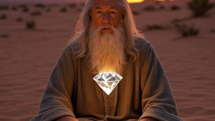 deserto al tramonto uomo medita con diamante sul cuore