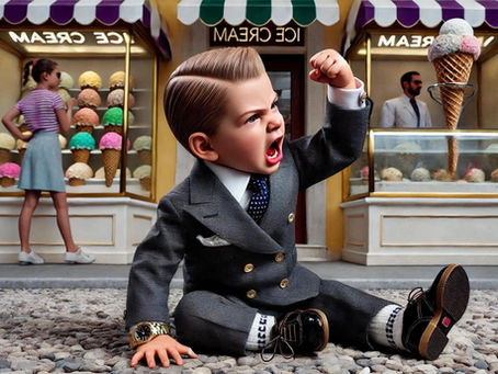 "Bambino in giacca e cravatta che fa i capricci davanti a una gelateria - metafora del bambino viziato che pretende che il mondo si adatti ai suoi voleri"