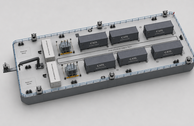 41 meter electric battery-powered barge zero-emission marine engineering and vessel design.