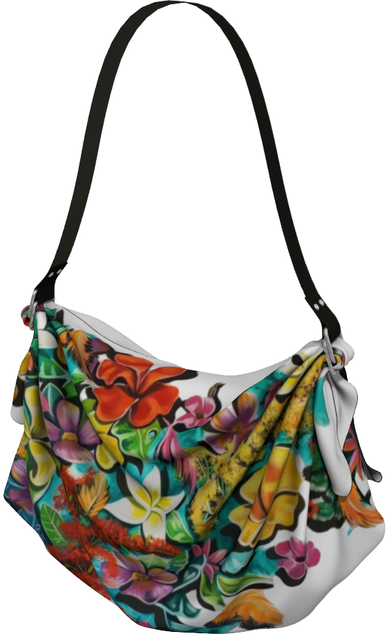 "Origami tote bag featuring the 'Roots of the Untamed' botanical art in vibrant Caribbean greens and earthy tones."