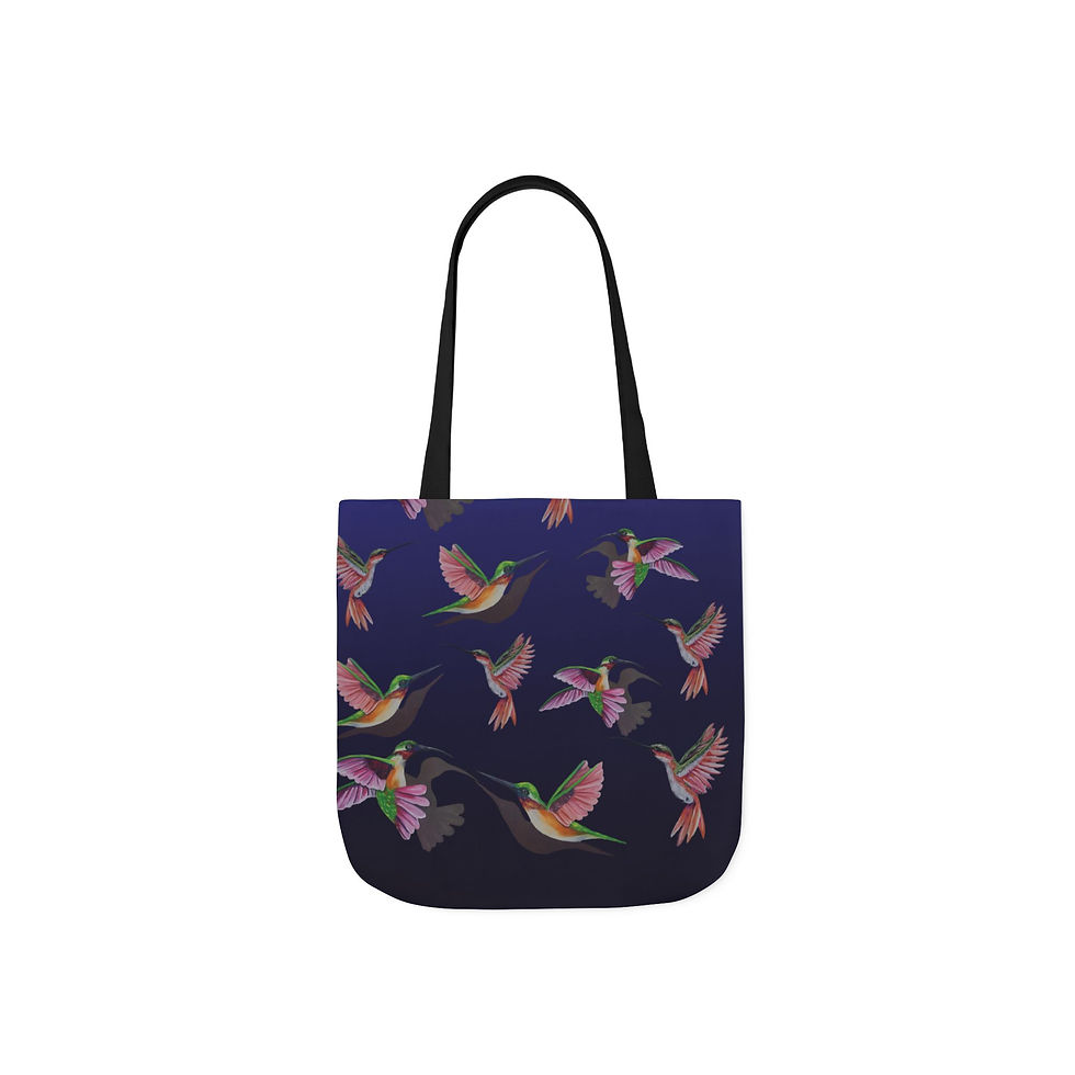 Thumbnail: Colorful Hummingbirds Canvas Tote Bag | Blue Bird Pattern