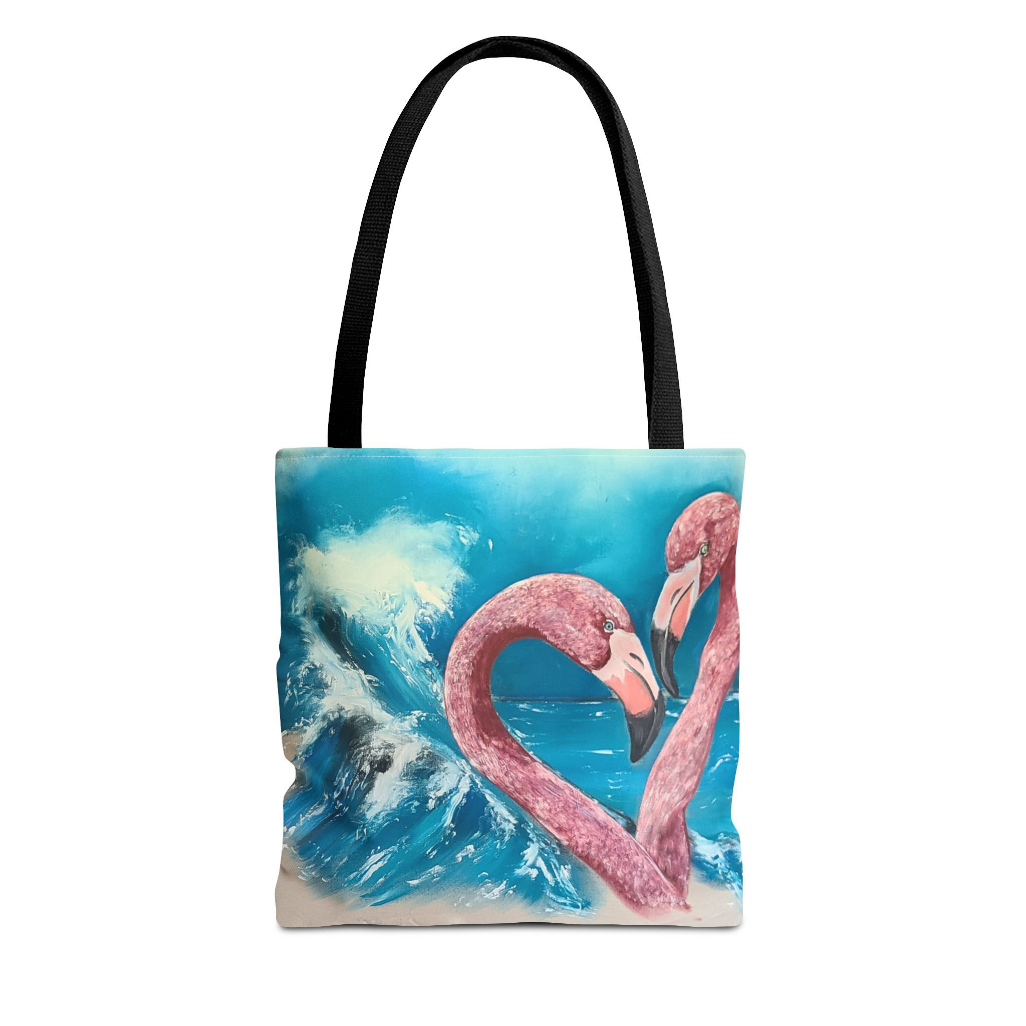 Pink Flamingo Heart Beach Tote Bag | Ocean Wave AOP
