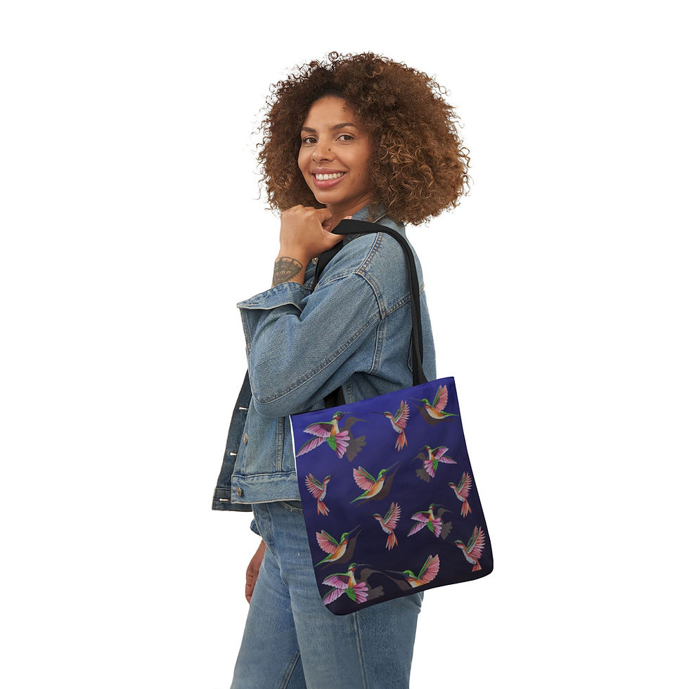 Thumbnail: Colorful Hummingbirds Canvas Tote Bag | Blue Bird Pattern