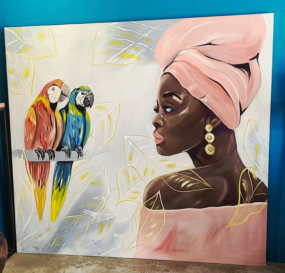 fabric customized of woman and two parrots