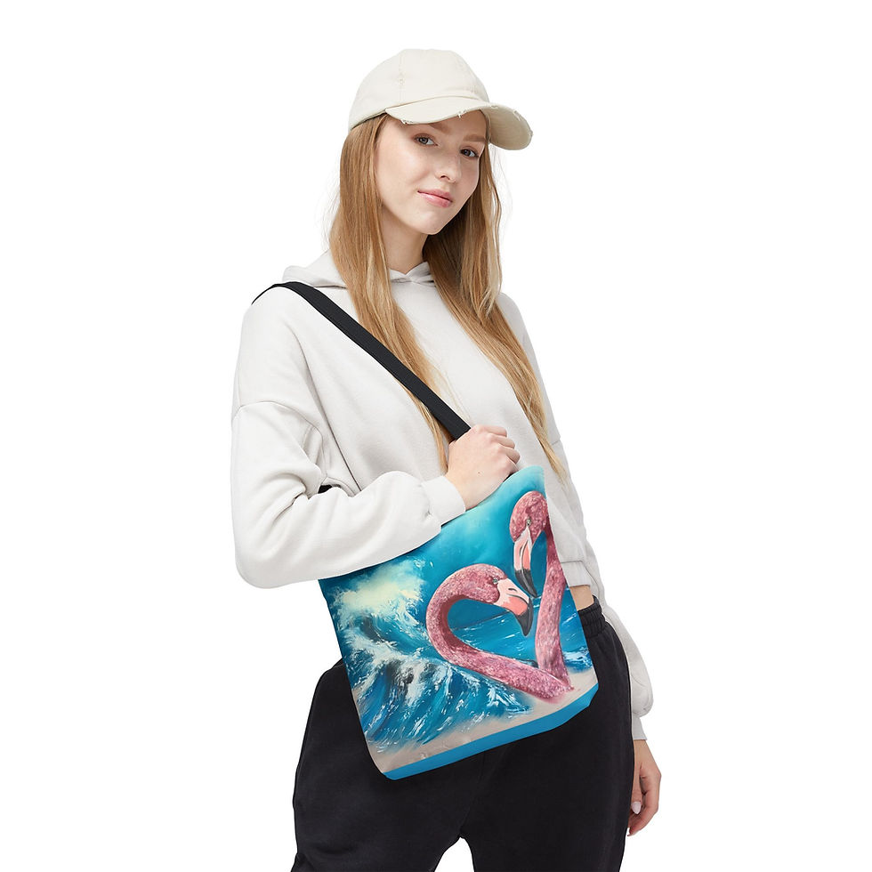 Thumbnail: Pink Flamingo Heart Beach Tote Bag | Ocean Wave AOP