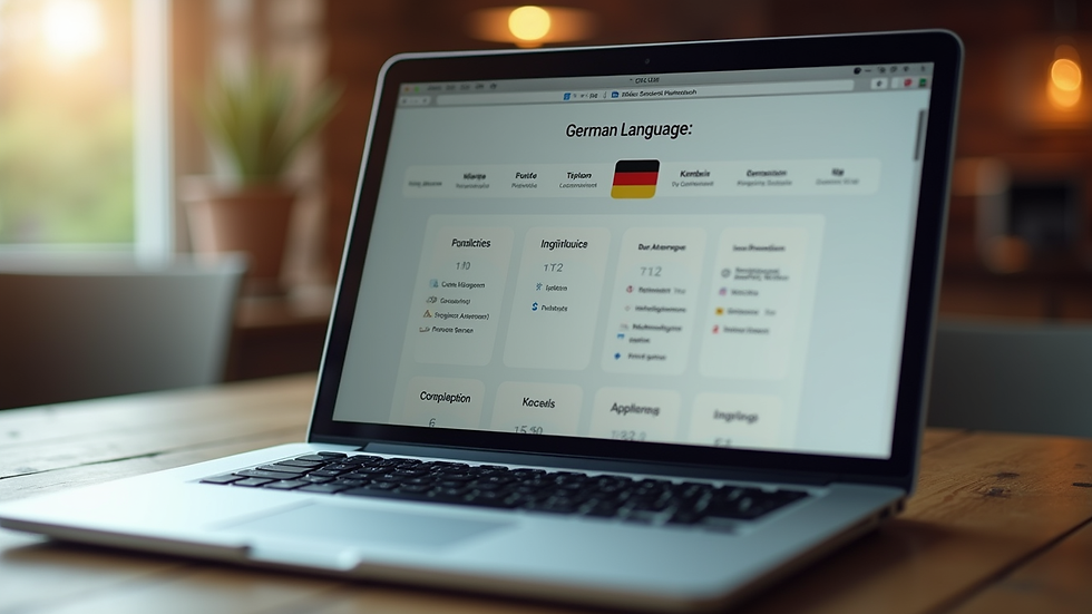 Close-up view of a laptop screen showing German language learning app