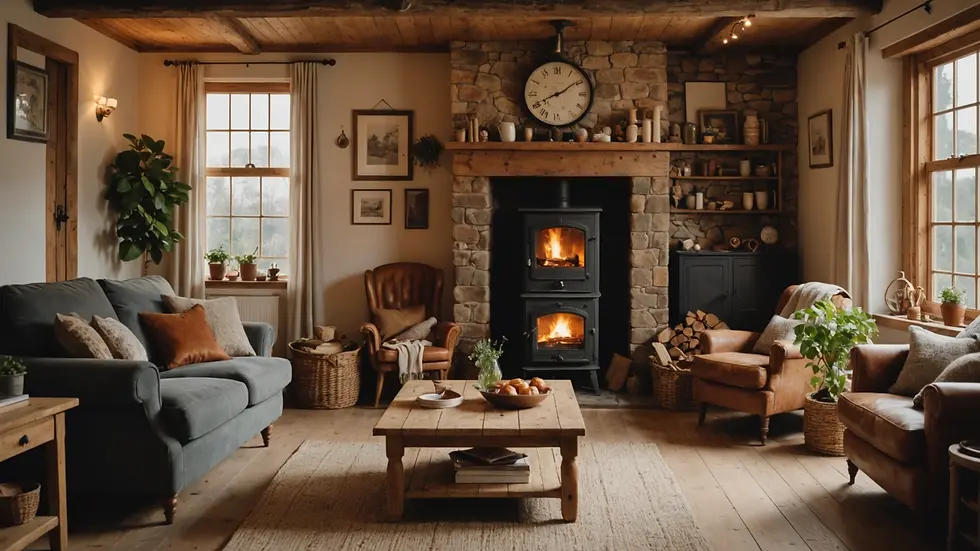 Eye-level view of a cozy living room with a wood-burning stove and rustic decor