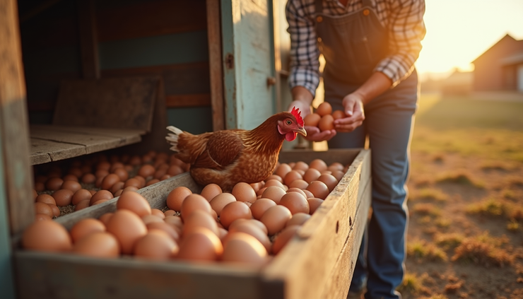 Eye-level view of a farmer collecting fresh eggs from a rustic chicken coop