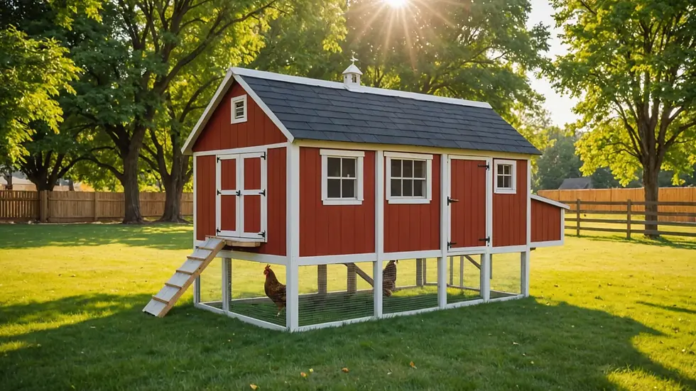 Eye level view of a well-built chicken coop in a backyard setting.