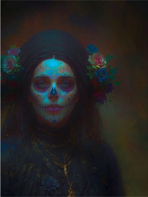 triptych of portraits depicting three girls in Dia De Los Muertos makeup